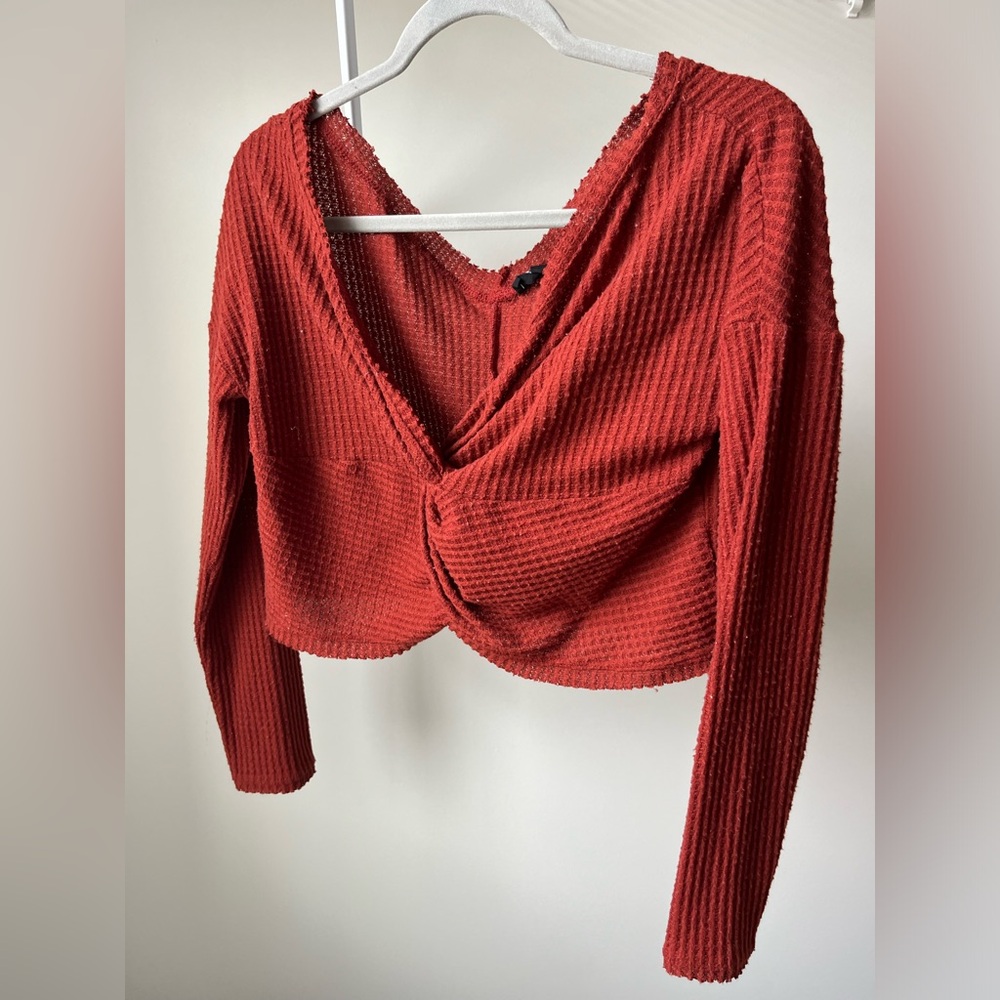 Urban Outfitters Cropped Waffle Sweater w/ Knot Front